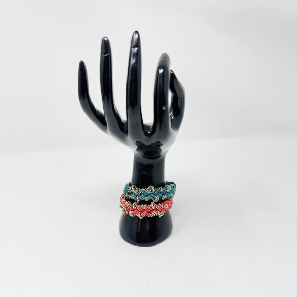 Boutique Set of 2 Braided Embellished Bracelets Teal Red Gold Tone Rhinestones - Picture 6 of 11